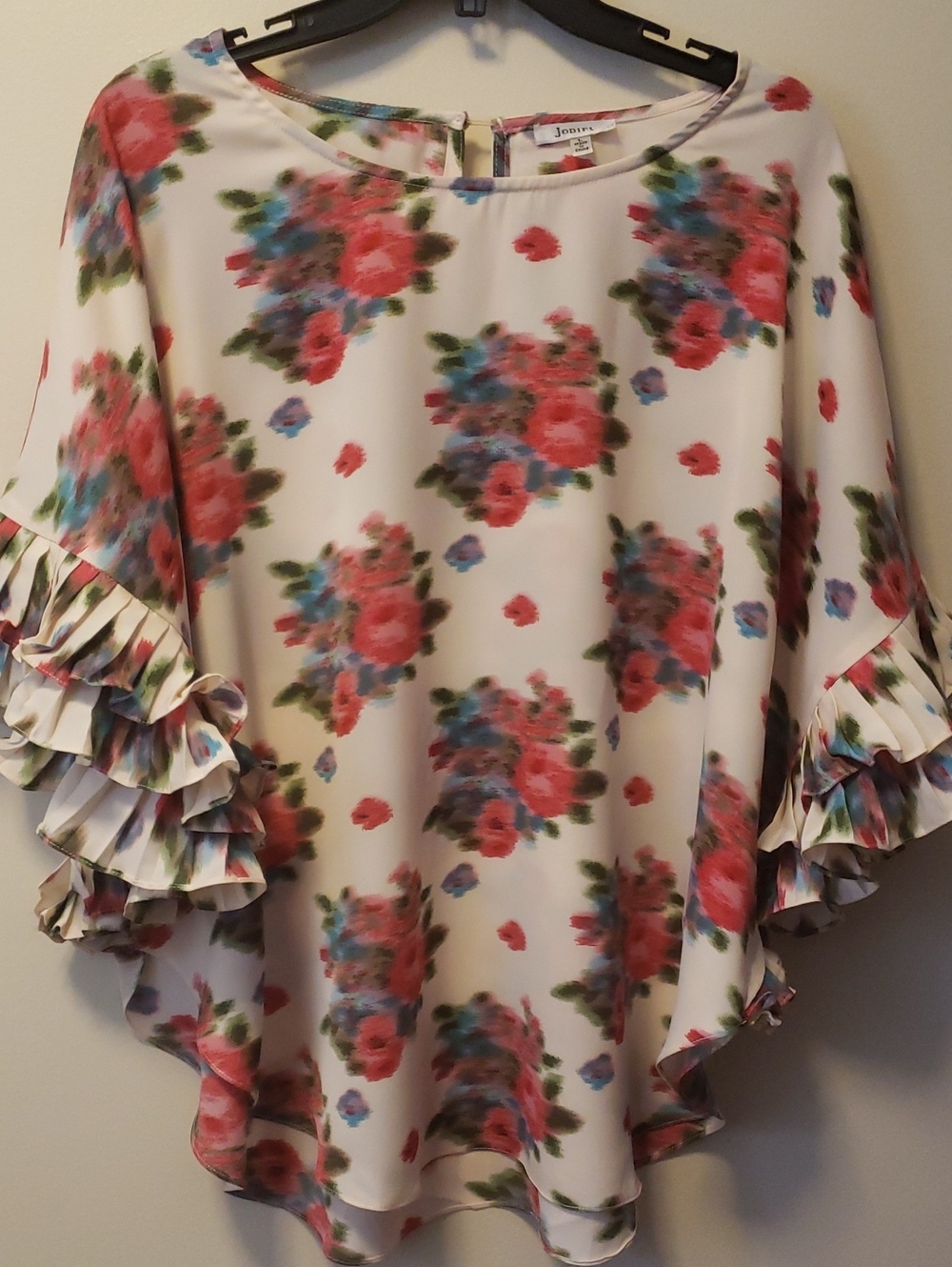 JODIFL White Floral Ruffle Sleeve Blouse with Pink and Blue Blooms